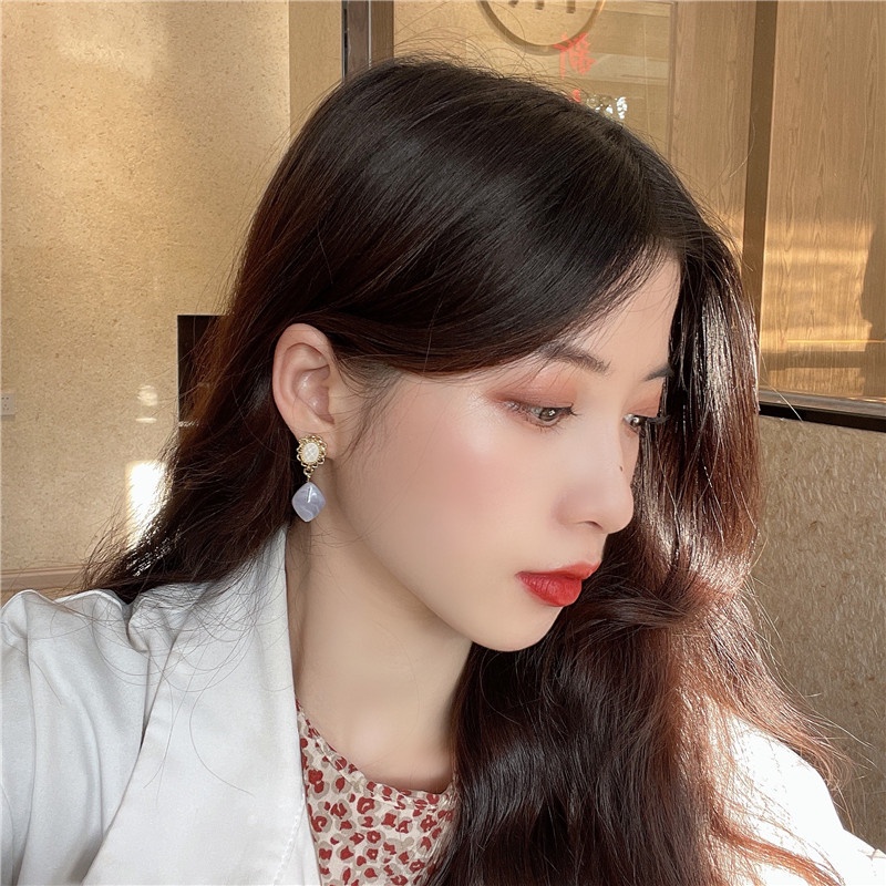 Anting Stud Geometris Asimetris Bahan S925 Silver Warna Ungu Beige Gaya Retro Untuk Wanita