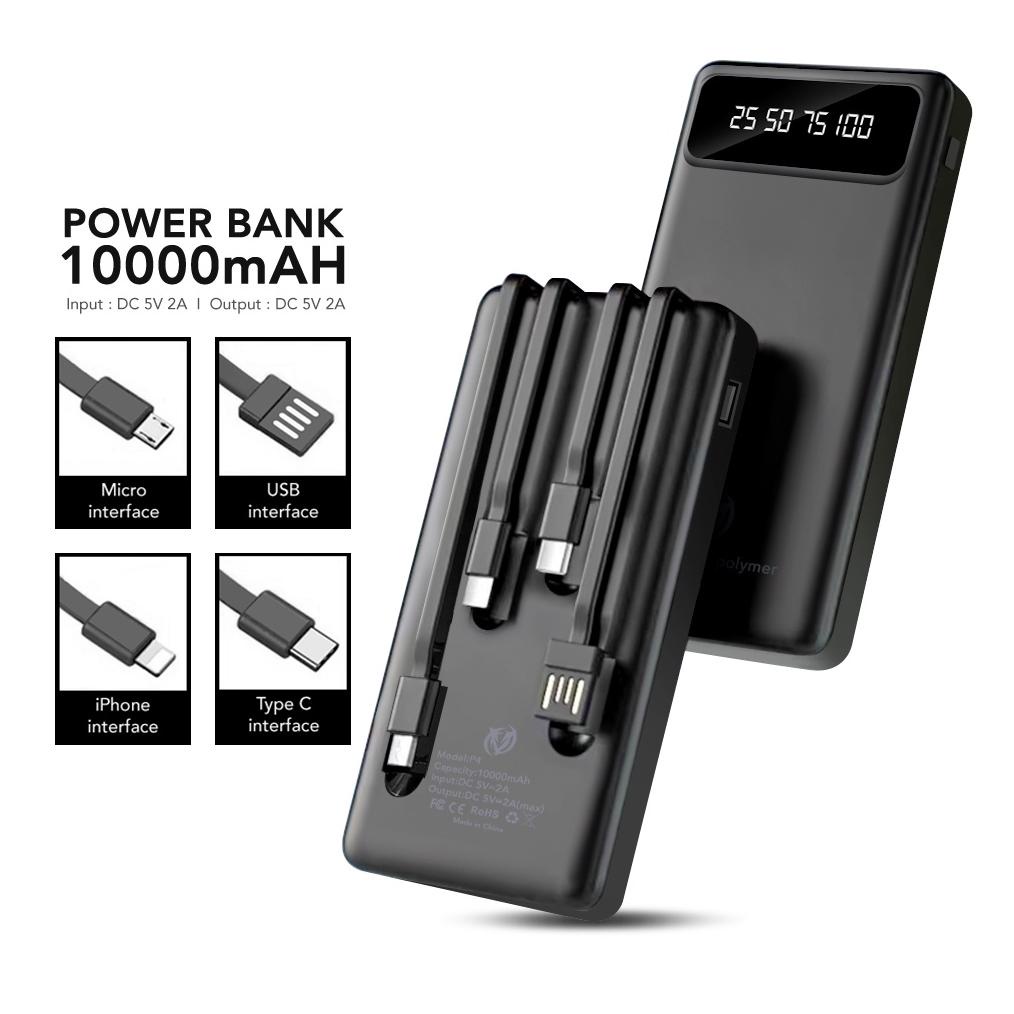 P4 Powerbank 10000 Mah Power Bank 2A Built In Cable Fast Charging 4 Output 2 Input Led Display Flash