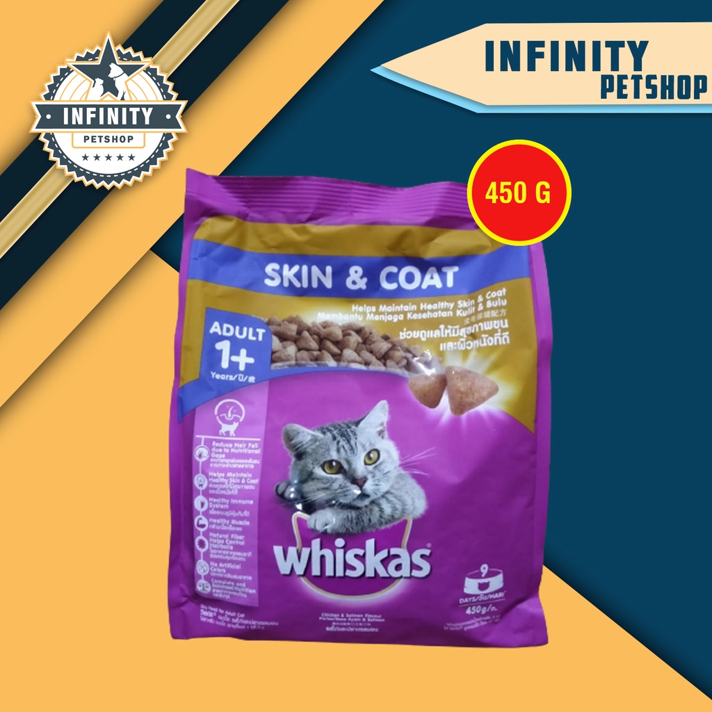 Whiskas Makanan Kucing Kering Dry Food Adult Skin Coa kulit Bulu 450G