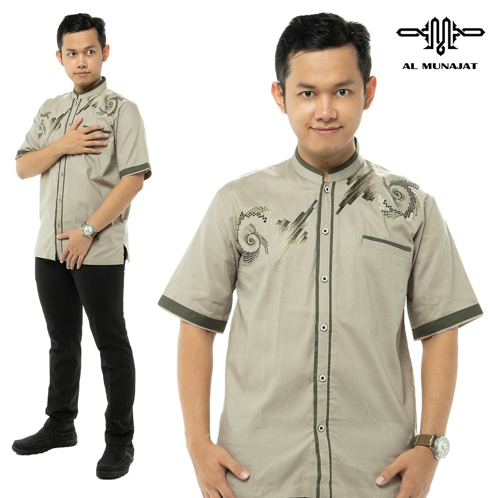 Baju Koko Modern Al Munajat Lengan Pendek Pria Bordir Model Yuzer - Chino Green / Hijau Muda 2103