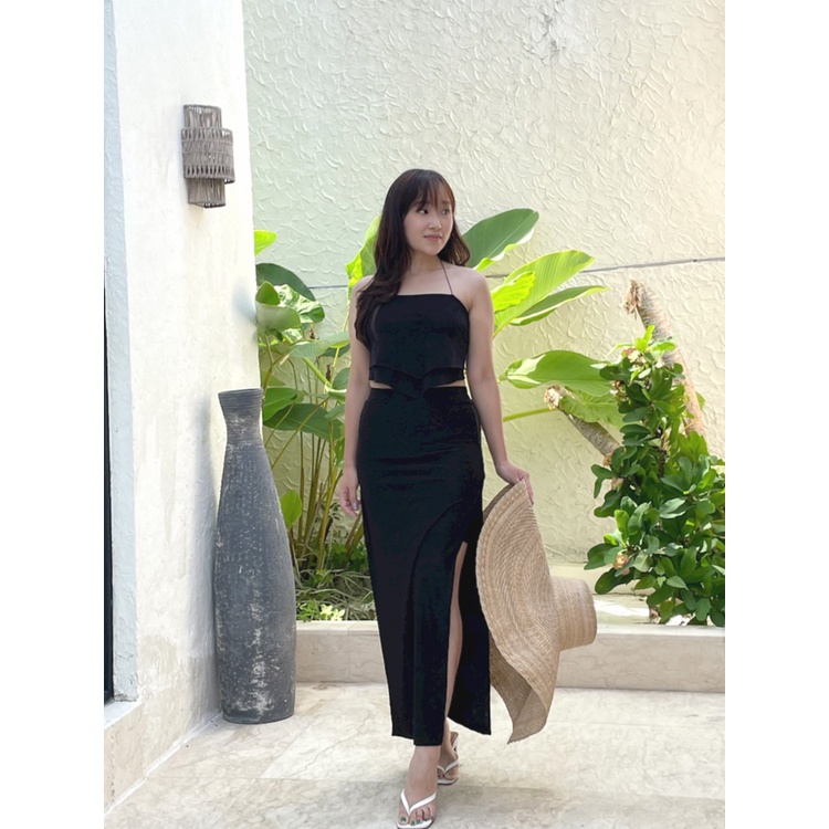 Kadaka S-0195 Set Embroidery Cotton Midi Skirt and Scarf Top