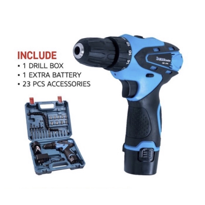 BENZ BZ8004 mesin bor cas 2baterai 12v bor cas 2 baterai 10mm bor cas bateray 10 mili cordless drill