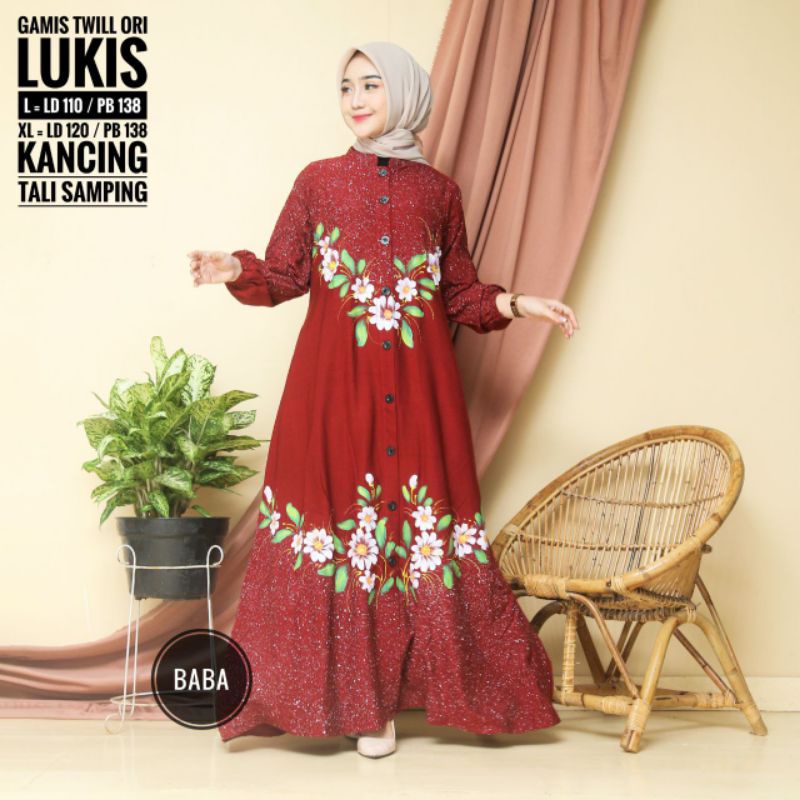 Gamis Batik Twill Ori Gamis Batik Lukis Gamis Model Full Kancing Tanpa Rempel Bawah Gamis Syar'i Wan