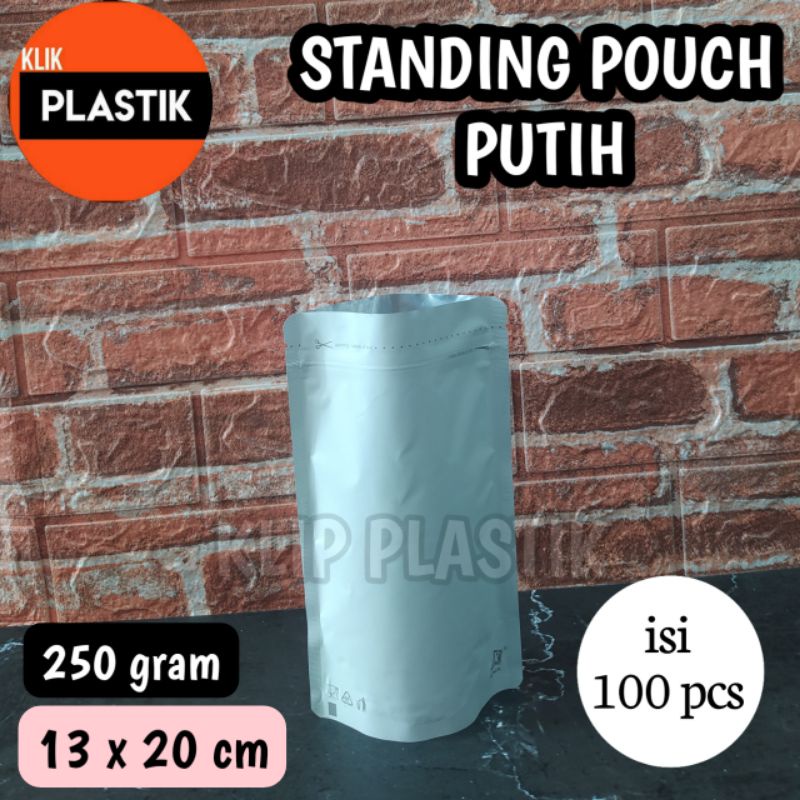 Isi 100 Standing Pouch PUTIH SUPER ALUMINIUM FOIL 250gram KPACK