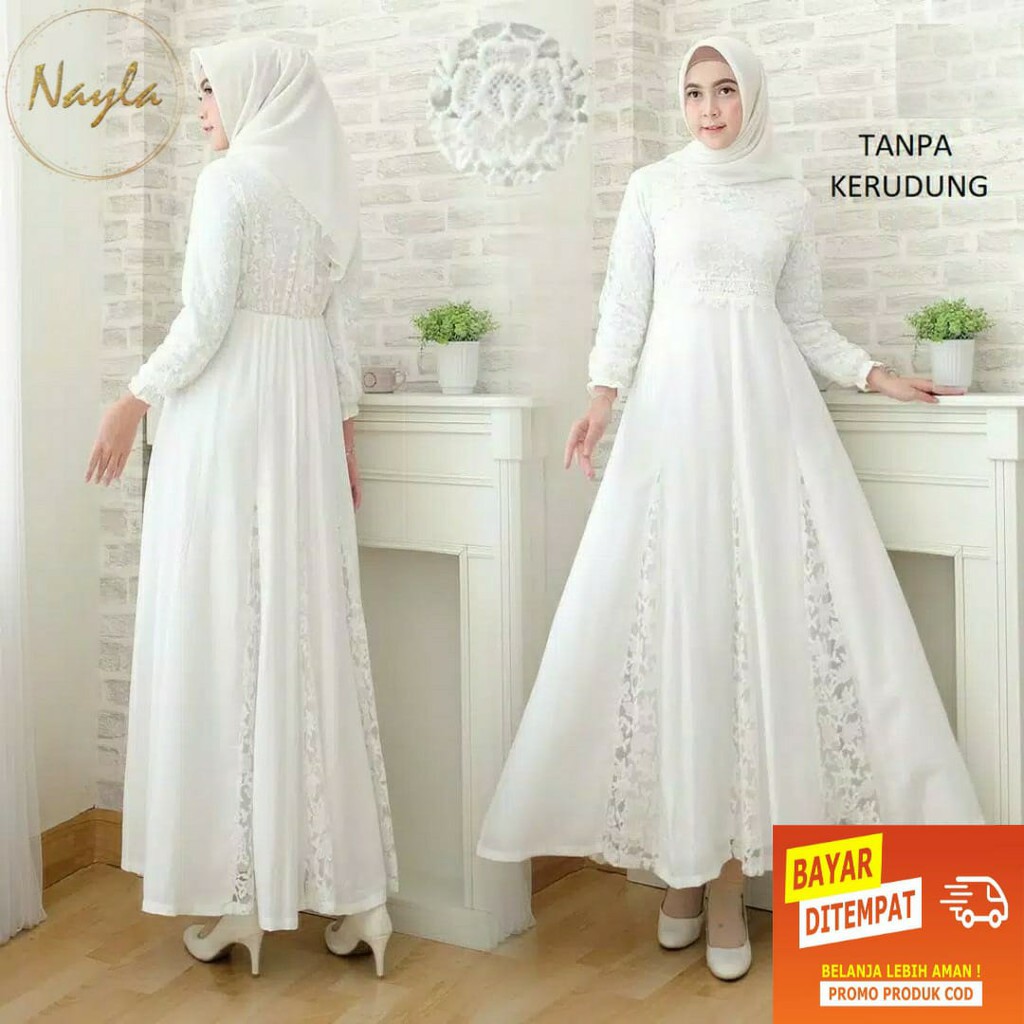 Nayla Baju Gamis Putih Wanita Gamis Pesta Busana Muslim Brukat Lebaran