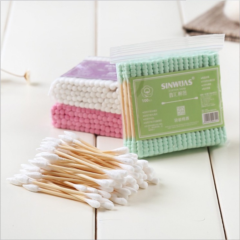 Kangaroomom 100 pcs/pack Baby Cotton Swab Thin Buds Berwarna Ganda-Spiral Ujung Kapas Sanitary Swab Kecil-Won