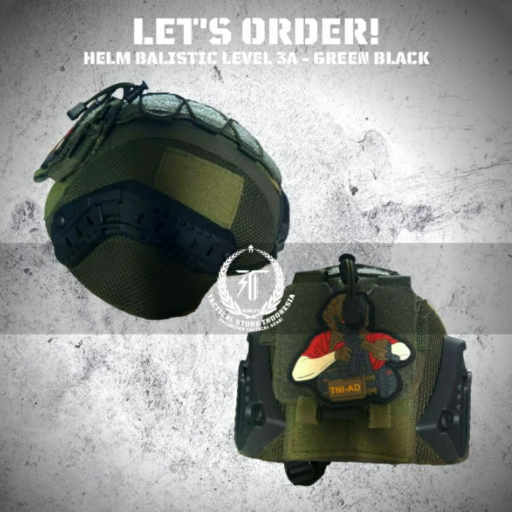 Helm Tactical Balistic Level 3A Anti Peluru Warna Hijau Rail Hitam Versi Kuping Panjang