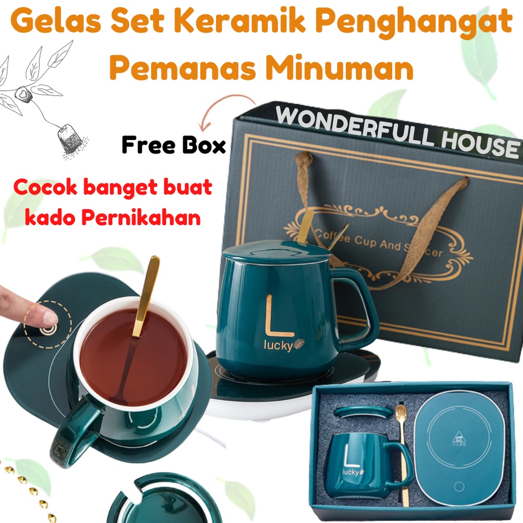 Gelas Set Keramik Penghangat Pemanas Minuman Kopi Teh Susu Coffee Warmer Portable Gelas Penghangat Listrik