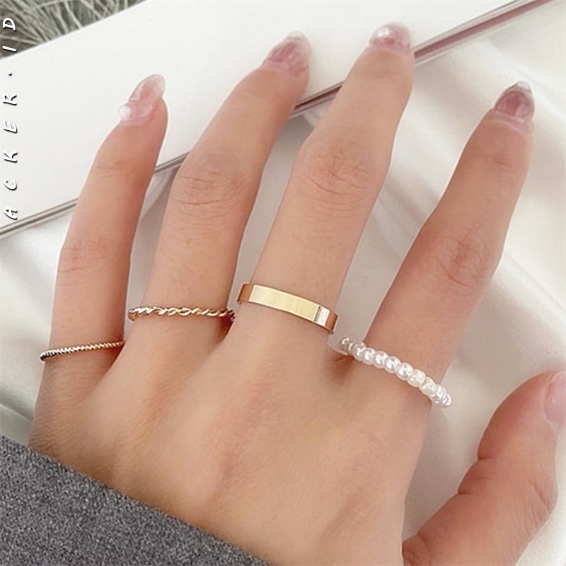 4pcs / Set Cincin Mutiara Model Simple Untuk Wanita