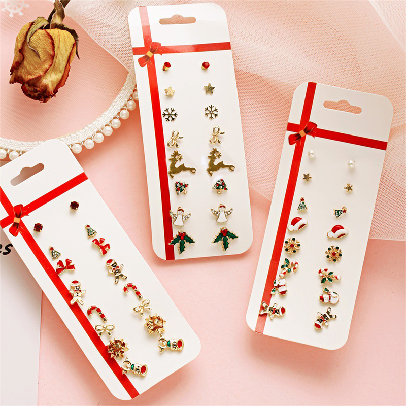 8 Pasang / Set Anting Desain Santa Claus Elk Snowflake Snowman Untuk Aksesoris Natal