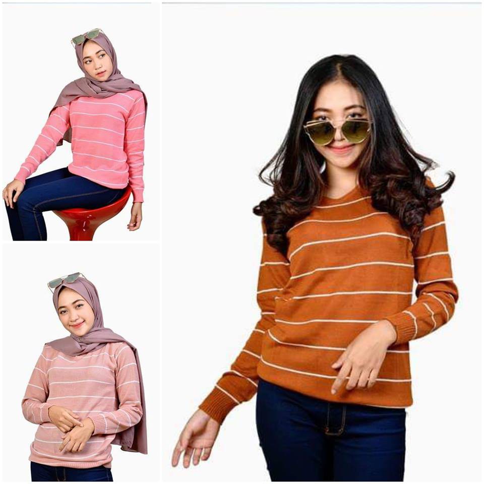 Promo 7.7 Baju Atasan Wanita Terbaru Sweater Rajut Halus Adeline Stripe