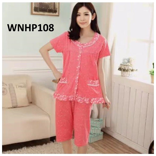 Baju Tidur Wanita Kancing Depan Dot Peach