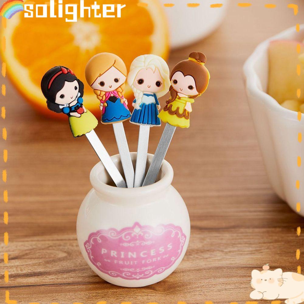 SOLIGHTER Ceramic Fruit Forks Mini Party Decoration Tasting Fork With Holder Cute Princess Stainless Steel Food Pick Dessert Flatware