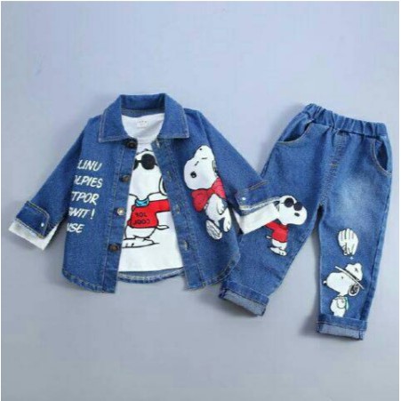 Baju Setelan Anak Perempuan Denim 3In1 Model Keren Terbaru 2022 Kekinian Trendy Denim Snoopy Kid Set