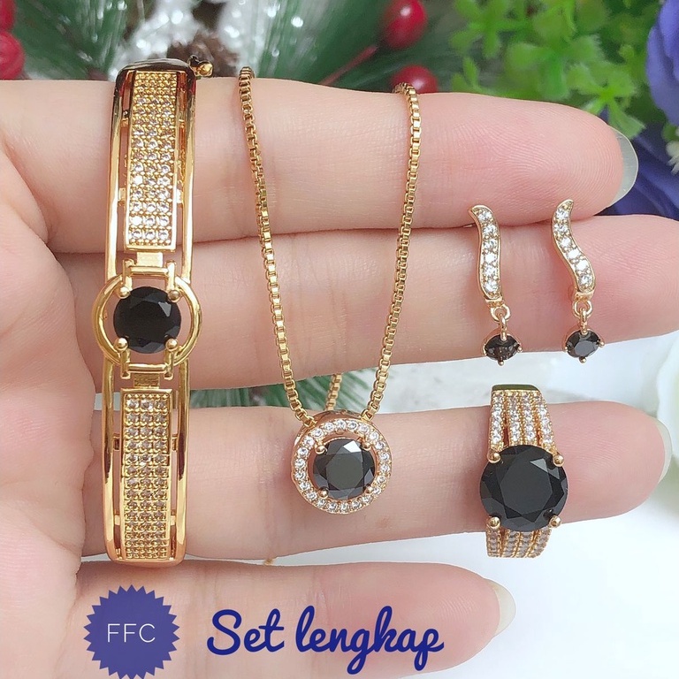 (MEI) TERMURAH Set Perhiasan Lapis Emas Xuping Gelang Cincin Anting Kalung Permata Merah Hitam Putih