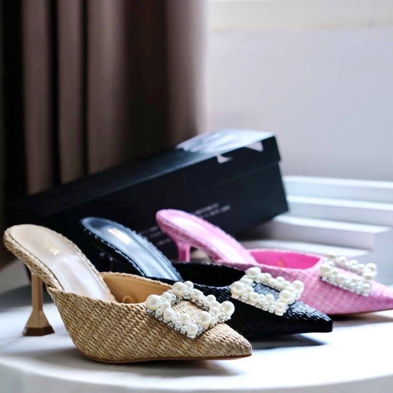 Sepatu Kulit Hak Tinggi Wanita ZR Leather Mules High Heels 8,5cm Premium Import, Hitam Black Krem Be