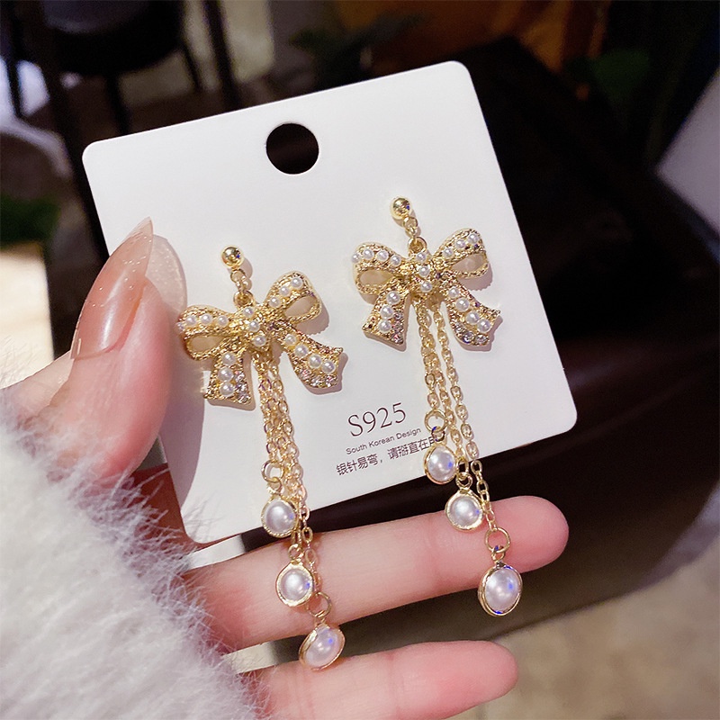 XiaoboACC Anting Gantung Panjang Tusuk Silver S925 Motif Simpul Pita + Rumbai + Mutiara Untuk Wanita