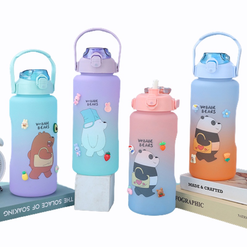 Botol Minuman We Babe Bears Free Sticker 2D &amp; 3D Food Grade Bebas BPA Ukuran 2 Liter &amp; 800ML-Botol Minum Viral Motivasi Dengan Penanda Waktu-Botol Couple Pasangan Gradasi Anti Bocor Awet Tahan Lama