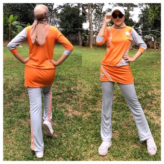 New Setelan celana Orange abu bintang 1 rok baju senam New Setelan celana Orange abu bintang 1 rok baju senam