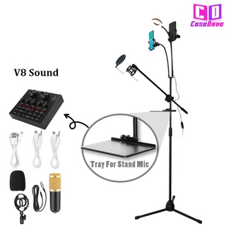 Mic Stand Microphone Stand Mic Lantai Berdiri Microphone Dengan Holder HP Tripod Microphone Condenser Universal + Sound Card V8 Bluetooth