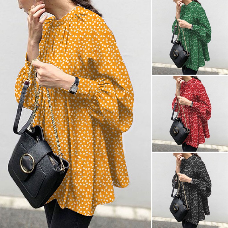 ZANZEA Women Casual Vintage Collar Printed Puff Sleeve Blouse