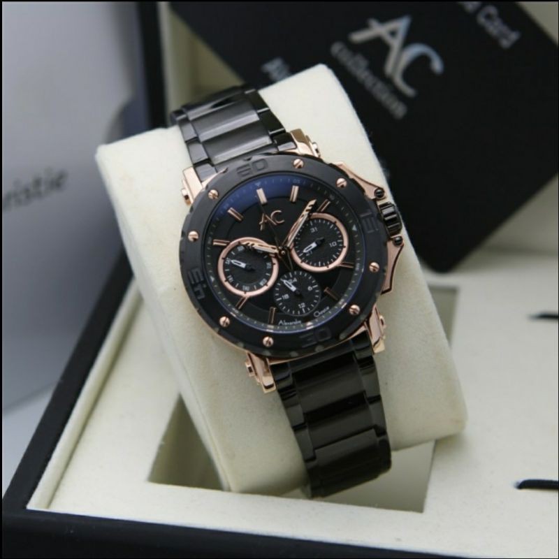 ORIGINAL GARANSI RESMI 1 TAHUN JAM TANGAN WANITA ALEXANDRE CHRISTIE CEWEK BLACK ROSEGOLD RANTAI ALEX