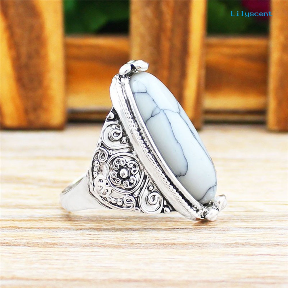 Ls Cincin Lapis Silver Antik Gaya Boho Vintage Dengan Turquoise Oval Untuk Wanita