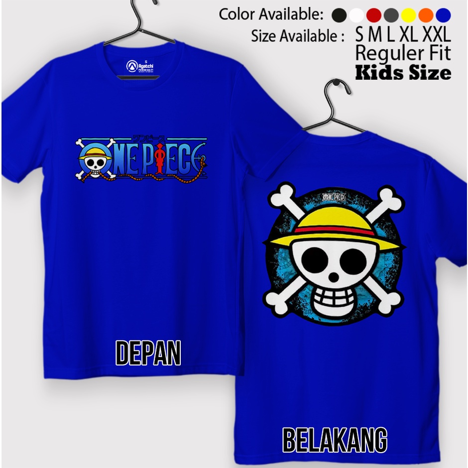 Kaos Atasan Anak Laki Laki / Baju Anak / Kids T shirt Anime One Piece Logo Tengkorak Bajak Laut Sablon Depan Belakang