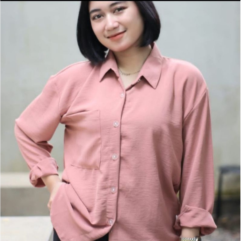 kemeja Wanita Crinkle Airflow Lengan Panjang/Atasan Wanita