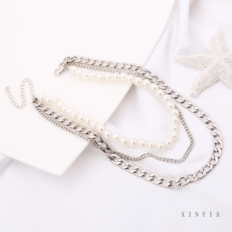 Kalung Rantai Klavikula Hias Mutiara Bahan Logam Warna Silver Gaya Hip Hop Retro Untuk Unisex