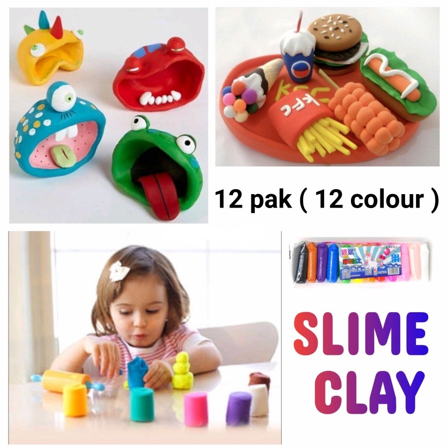 &lt;^ SJA ^&gt;  SLIME  Clay Polymer Mainan Anak (12 pcs) Edukasi SLIME Clay Dough Colour Play Mainan Anak play dough slime Bonus 3pc pemotong