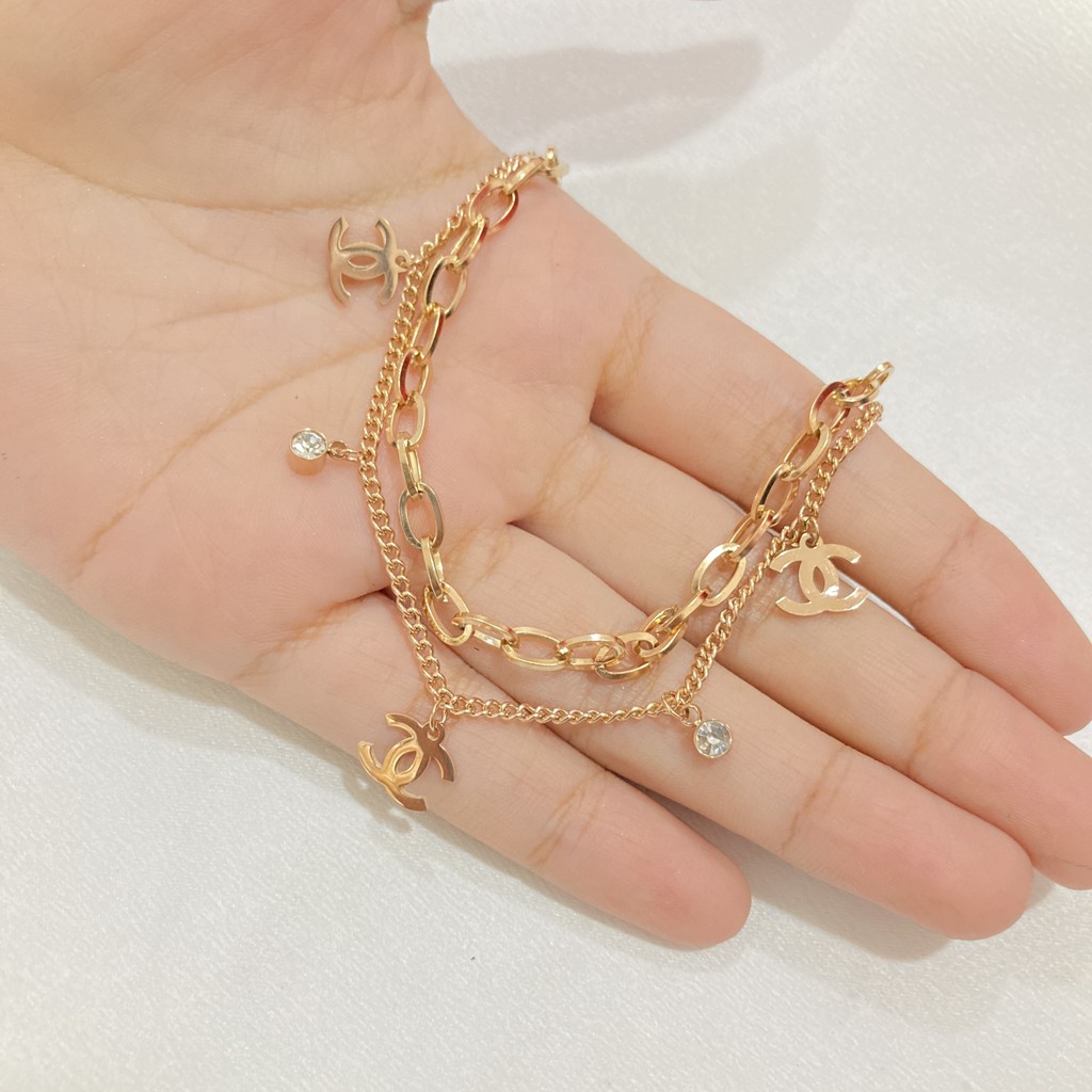 Gelang Rantai 2 Layer Titanium Anti Karat Aksesoris Fashion Wanita Korean Style