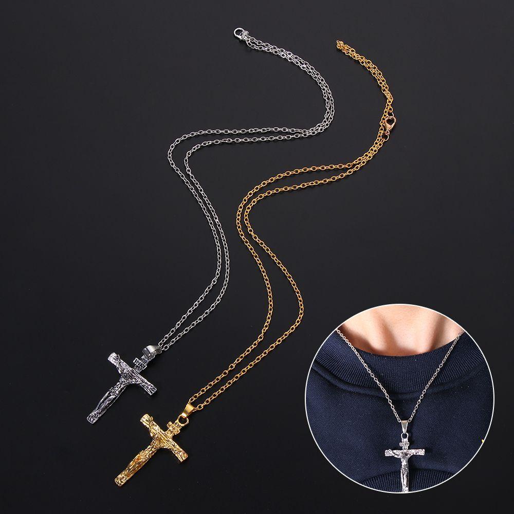 Kalung Rantai Liontin Salib Yesus Ala Rock / Gothic / Vintage Warna Silver Untuk Wanita