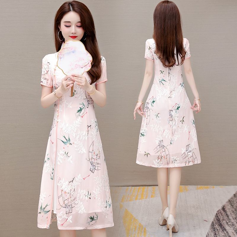 Improved cheongsam dress summer 2021 new summer women's wear large Chiffon mother's skirt is popular