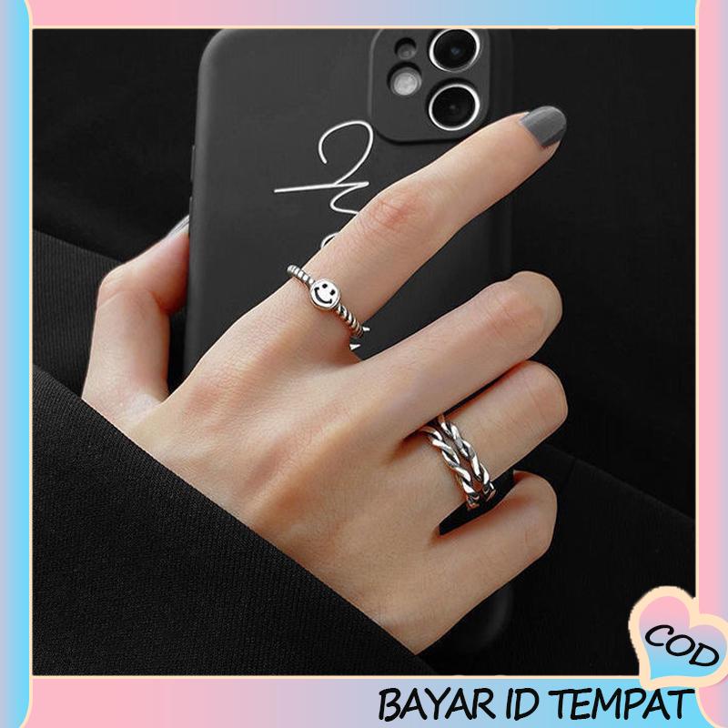 COD❤️ 2 PCS Retro Smiley Cincin Wanita Fashion Kepribadian Pembukaan Cincin Dapat Disesuaikan-A.one