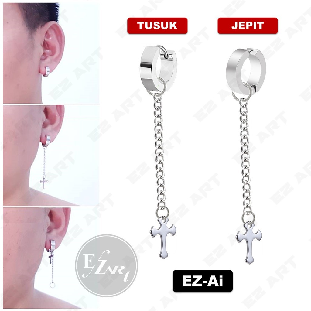 1Pc Model EZ-Ai Silver Anting Salib Rantai untuk Pria dan Wanita Jepit Tusuk Variasi Bandul