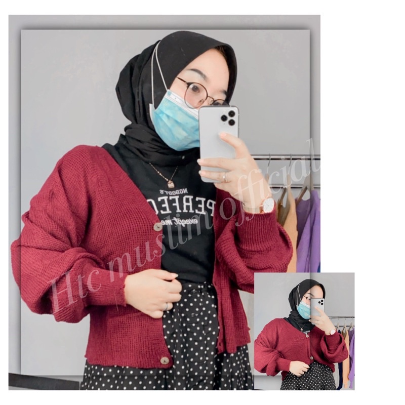 Cardigan Rajut BALONE Kancing Batok Wanita Knit Wear Muslimah-Marun