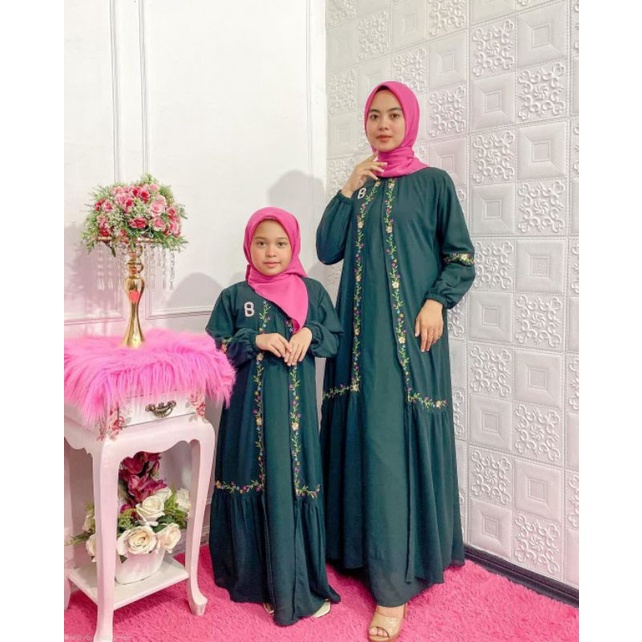 Gamis Pasangan Bunda Anak Ceruty Babydoll Bordiran Dress Set Ibu Remaja Wanita Perempuan Stelan Kelu