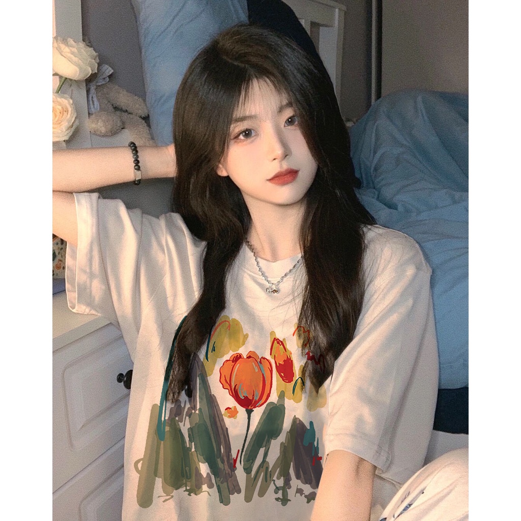 EUNII T-shirt Lengan Pendek Cartoon Tulip Korean Style/Kaos Atasan Wanita/Baju Kaus Oversize Wanita/Kaos Wanita Korean Style