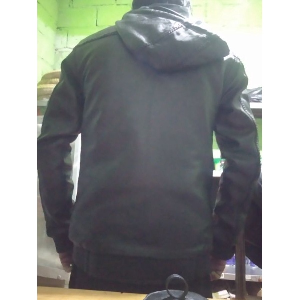 jaket kulit bomber kupluk jaitan sulam