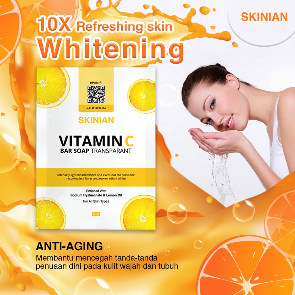 Sabun Skinian Vitamin C Bar Soap Pencerah Kulit Muka Sabun Pengencang Wajah Penghilang Bekas Luka Di Wajah Penghilang Kerutan Wajah Kerutan Bawah Mata Sabun Untuk Kulit Belang Penghilang Flek Hitam Di Wajah Ampuh BPOM Sabun Batang Pitamin C Sabun Kolagen