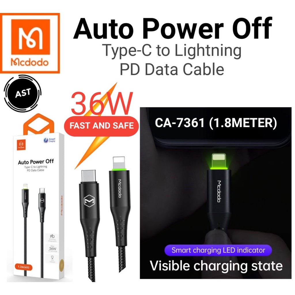 MCDODO CA-7361 Cable USB Type C To Lightning 1.8 Meter PD Fast Charge 36W Kabel Charger Type C to Lightning 1.8M