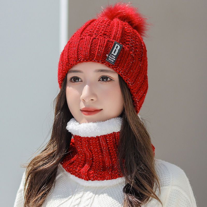 Winter Knitted Beanie Pompom Scarf Set Woman Fur Inside / Topi Kupluk + Syal