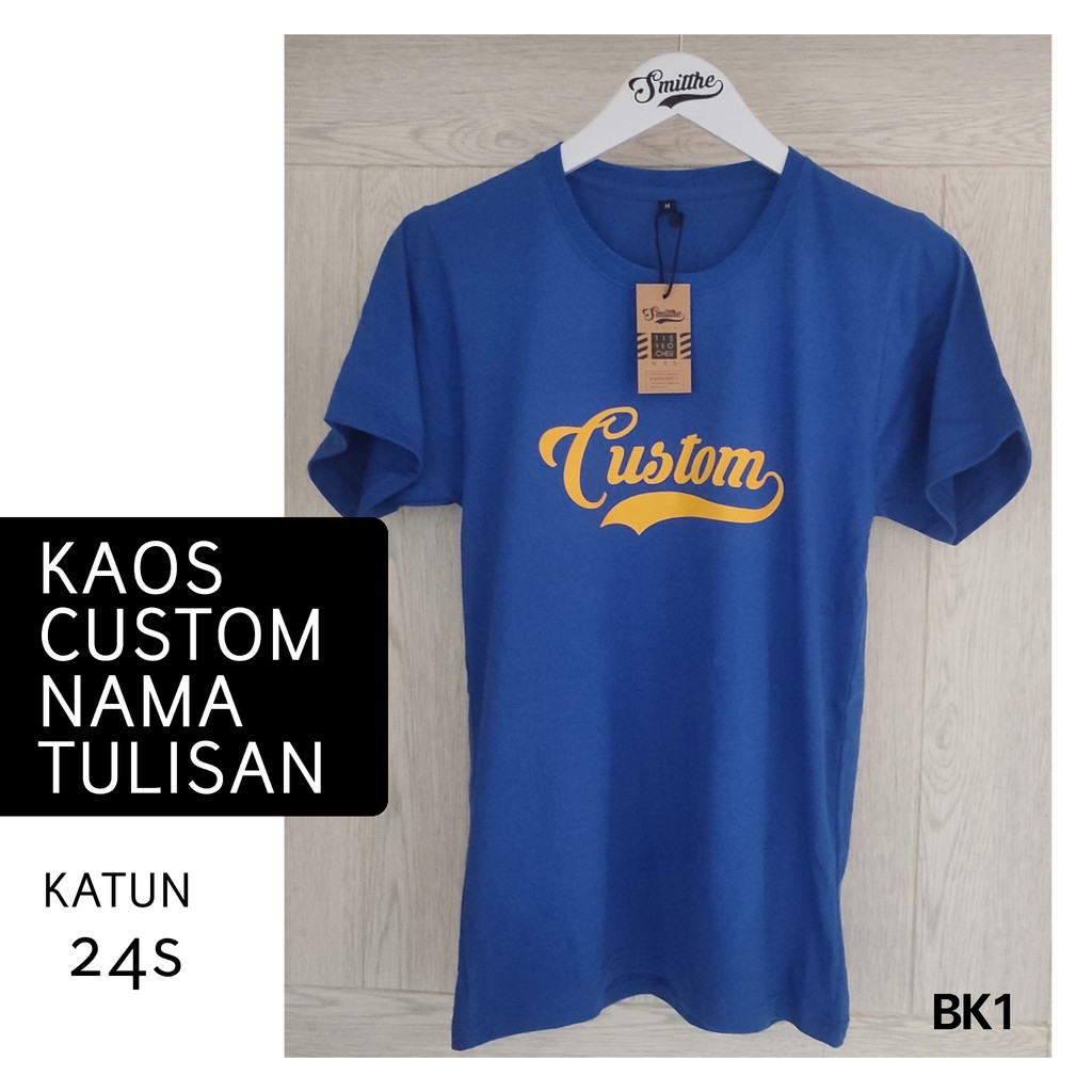 Kaos Custom Nama Tulisan Kuning Sablon Polyflex Korea TShirt Biru Satuan BK1