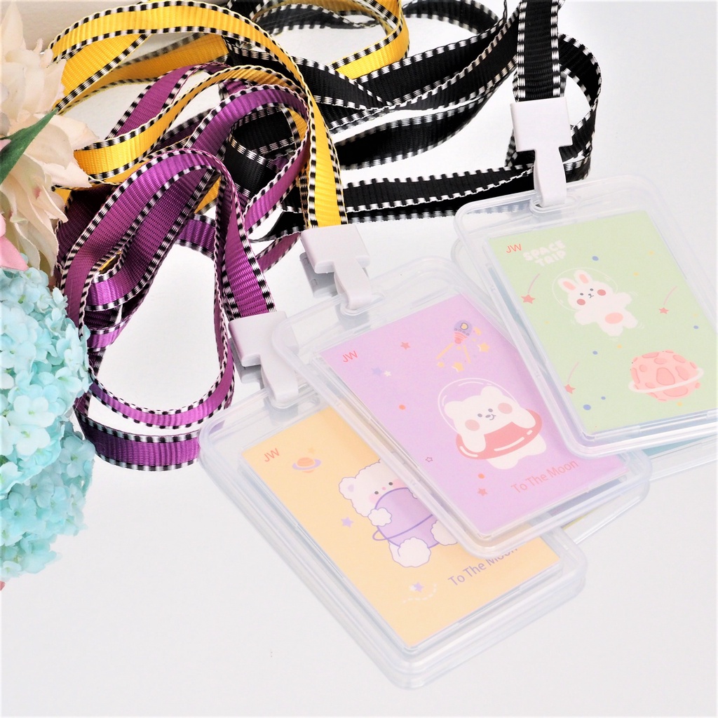 Lanyard ID Card Holder Korea 2 Sisi Name Tag Tempat Kartu Kerja ID Card Tali Gepeng Warna Cover Plastik Transparan