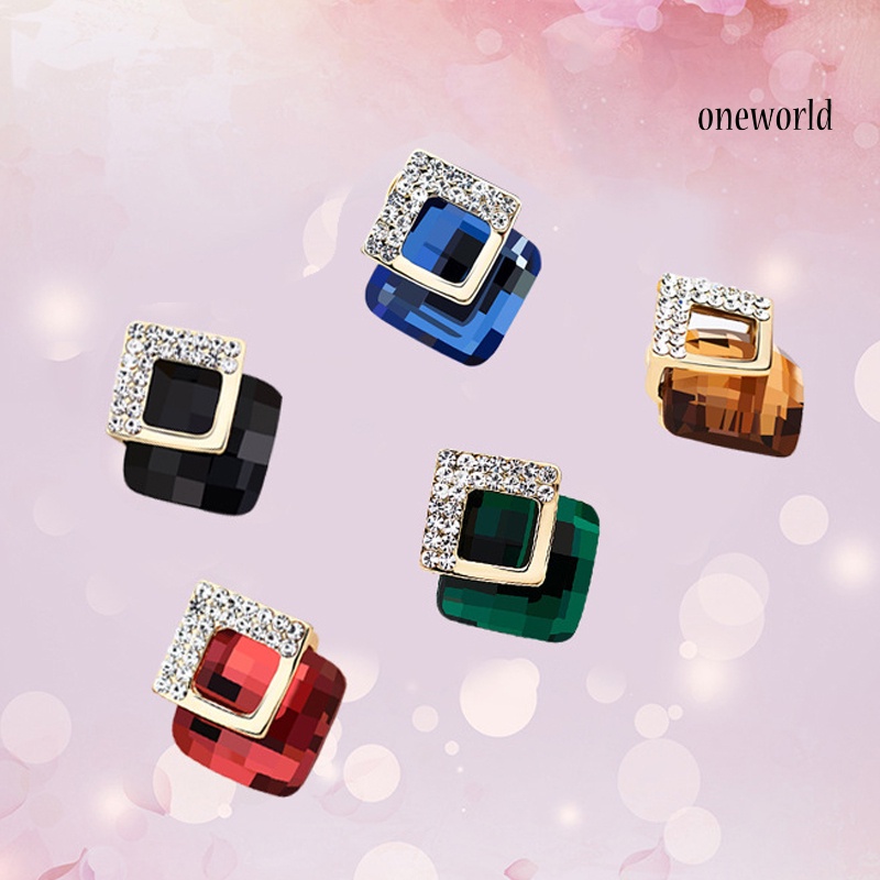 OW@ Concise Rhinestone Inlaid Square Stud Earrings Women Banquet Party Jewelry Gift