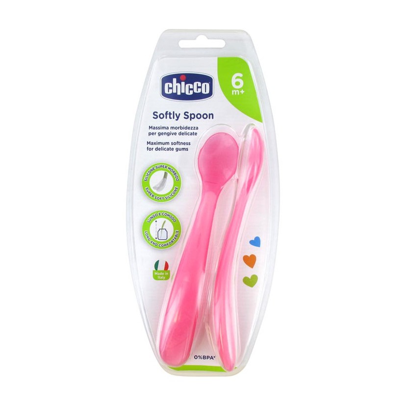 Chicco Softly Silicone Spoon Pink 2pk Sendok Makan Isi 2 Pcs