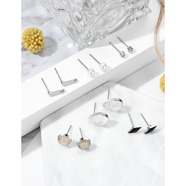 LRC Anting Set Fashion Silver Geometric Diamond Stud Earrings 6 Pairs F29787