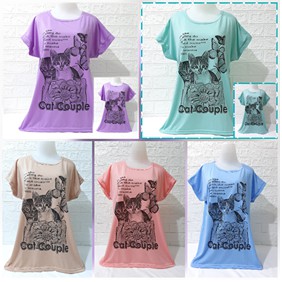 Kaos Jumbo motif CAT COUPLE/oblong Wanita lengan manset