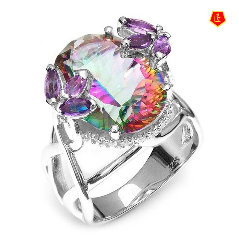 [Ready Stock]Inlaid Colorful Moissanite Ring 925 Silver Fashion Temperament